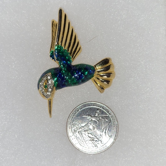 Hummingbird Brooch Green & Blue Enamel & Crystal Rhinestones Bird of Paradise 2" - Picture 3 of 8